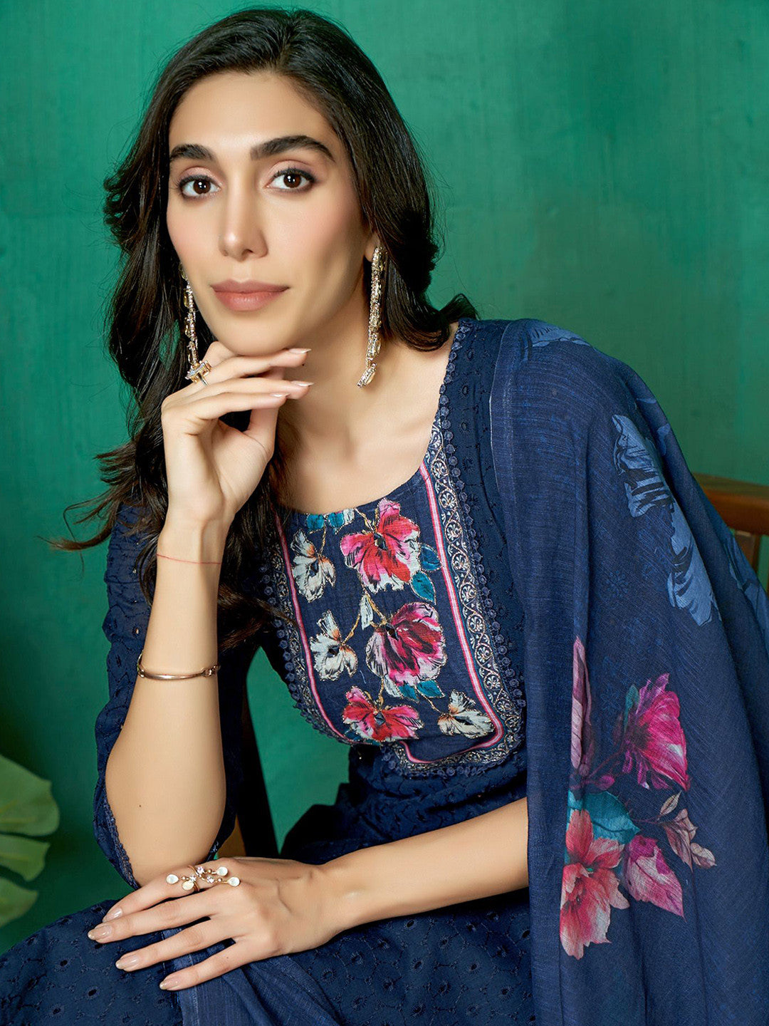 Embroidered Pure Cotton Round Neck Kurta Trouser & Dupatta