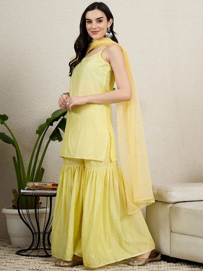 Dhiyona HOP Floral Embroidered Sequinned Straight Kurta With Sharara & Dupatta