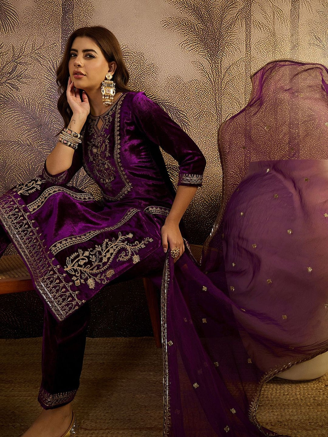 Zari Sequence Cording Embroidered Velvet Kurta with Trousers & Dupatta Set