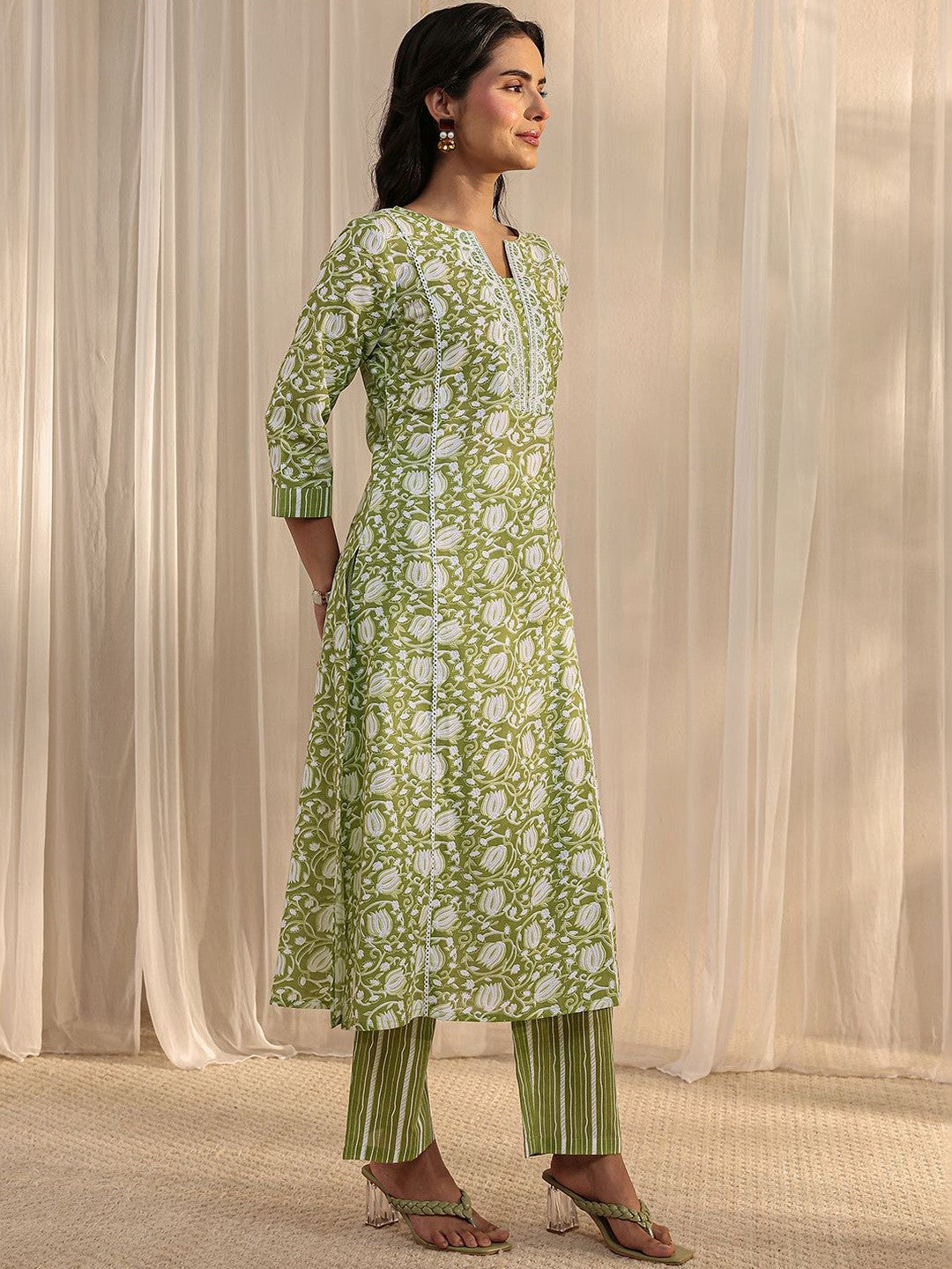 Libas Green Floral Printed Cotton A-Line Suit Set with Dupatta