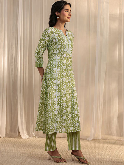 Libas Green Floral Printed Cotton A-Line Suit Set with Dupatta