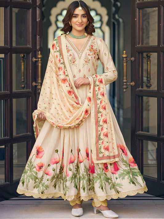 Dhiyona CH Floral Printed Tiered V-Neck Thread Work Kurta With Trousers & Dupatta