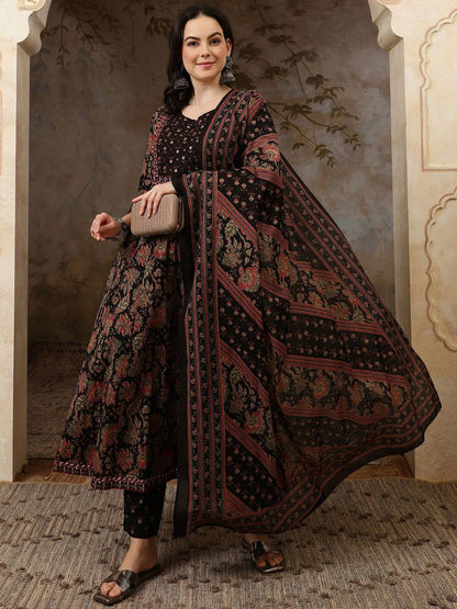 Dhiyona SN Women's Black Floral Printed Pure Cotton Anarkali Kurta With Trousers & Dupatta