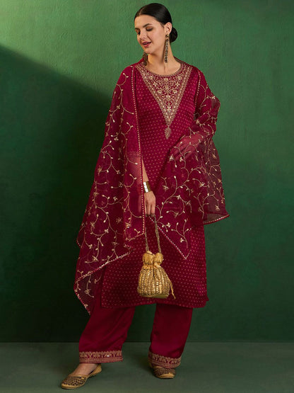 Dhiyona SN Bandhani Printed Round Neck Thread Work Satin Kurta With Palazzo & Dupatta