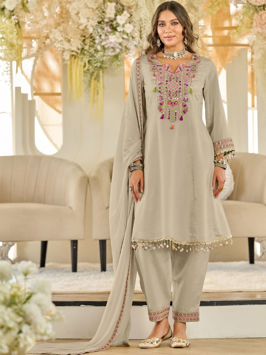 Women Ethnic Motifs Embroidered Panelled Beads and Stones Kurta with Salwar & With Dupatta