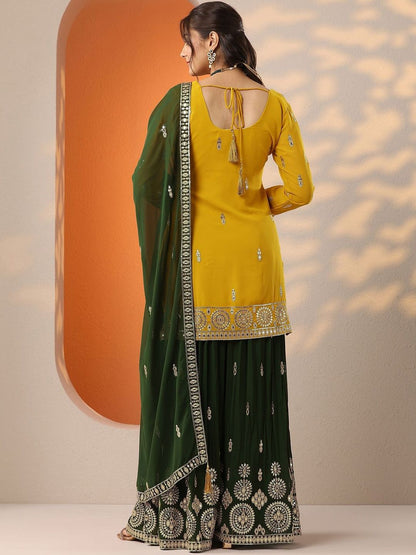 Dhiyona LL Women Ethnic Motifs Embroidered Regular Mirror Work Kurta with Sharara & With Dupatta