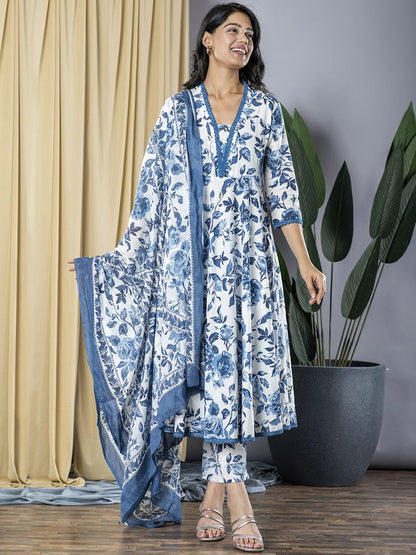 Dhiyona KL Women Floral Printed Regular Pure Cotton Kurta with Trousers & With Dupatta