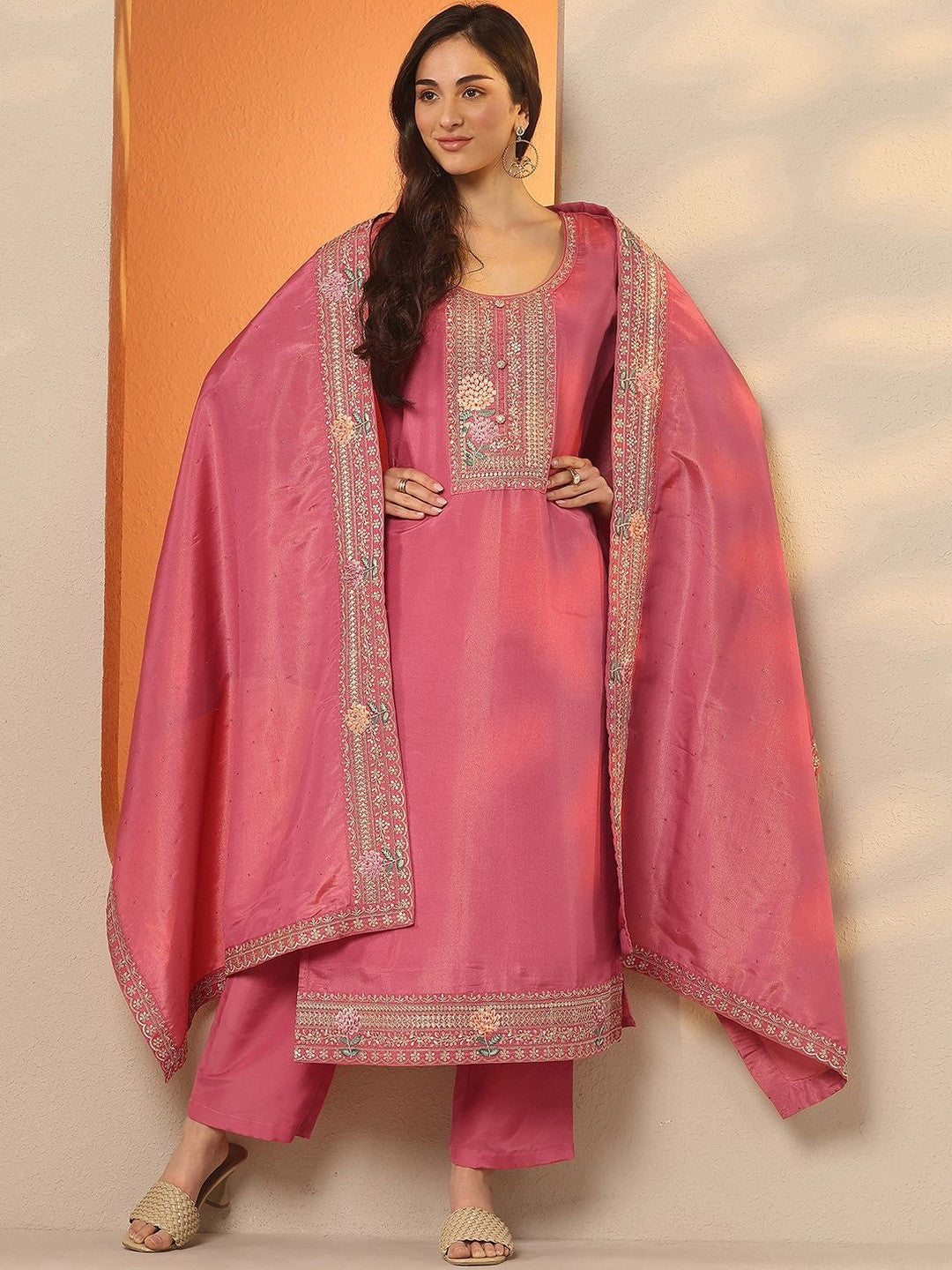 Ethnic Motifs Embroidered Thread Work Kurta With Trousers & Dupatta