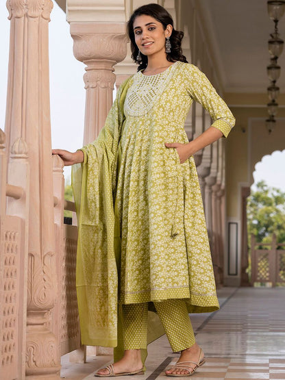 Dhiyona KL Floral Printed Mirror Work Anarkali Pure Cotton Kurta With Trousers & Dupatta