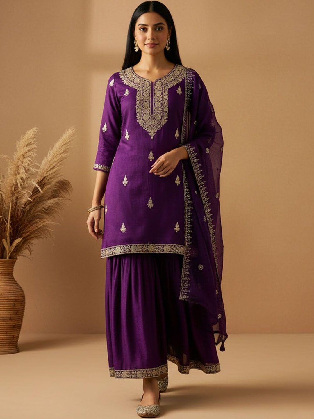 Dhiyona AN Women Ethnic Motifs Embroidered Regular Thread Work Kurta with Sharara & With Dupatta