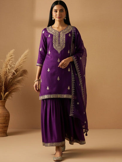 Dhiyona AN Women Ethnic Motifs Embroidered Regular Thread Work Kurta with Sharara & With Dupatta
