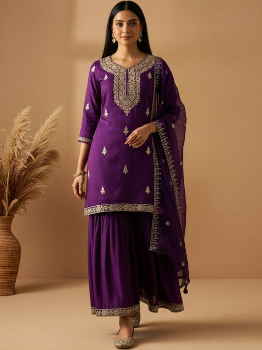 Dhiyona AN Women Ethnic Motifs Embroidered Regular Thread Work Kurta with Sharara & With Dupatta