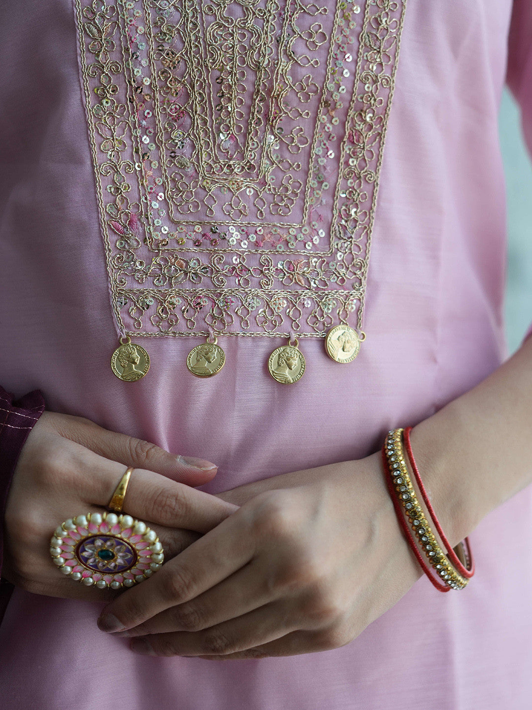 Floral Embroidered Sequinned Chanderi Silk Straight Kurta & Palazzo With Dupatta