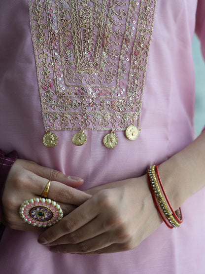 Floral Embroidered Sequinned Chanderi Silk Straight Kurta & Palazzo With Dupatta