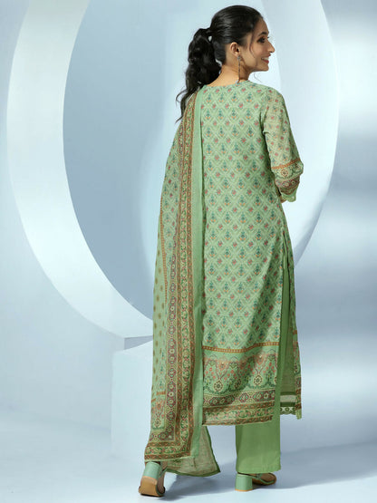 Women's LB Green Printed Linen Straight Suit With Dupatta