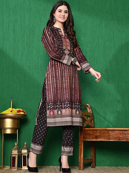 Brown Ethnic Motifs Winter Velvet Straight Kurta & Trouser With Dupatta