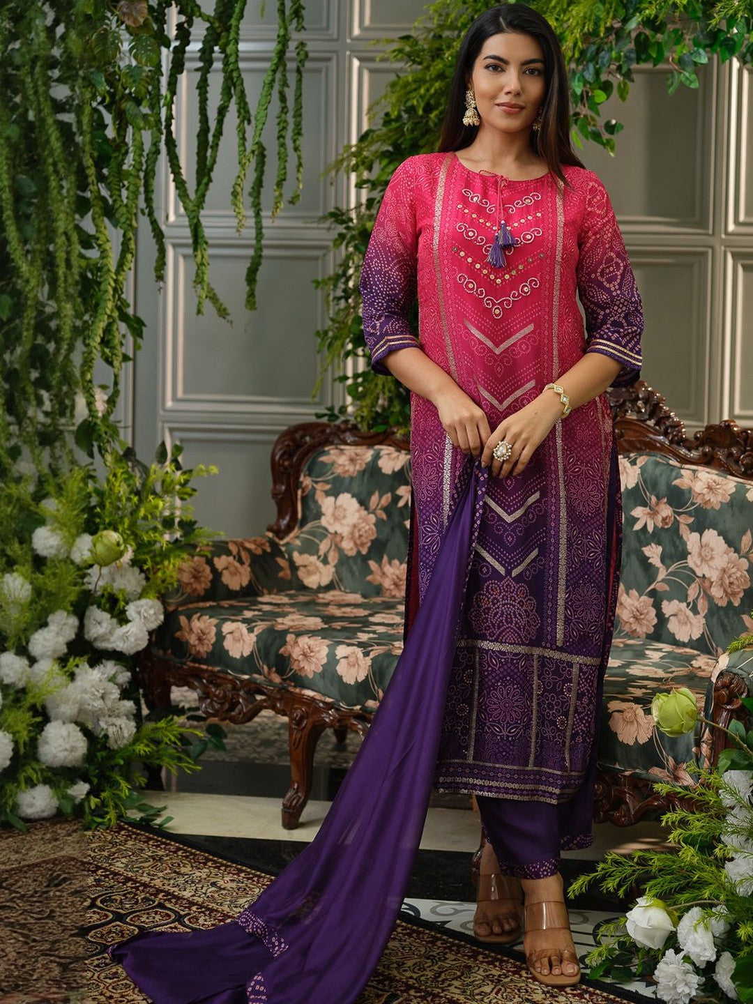 Dhiyona SN Bandhani Printed Sequinned Straight Kurta with Trousers & Dupatta