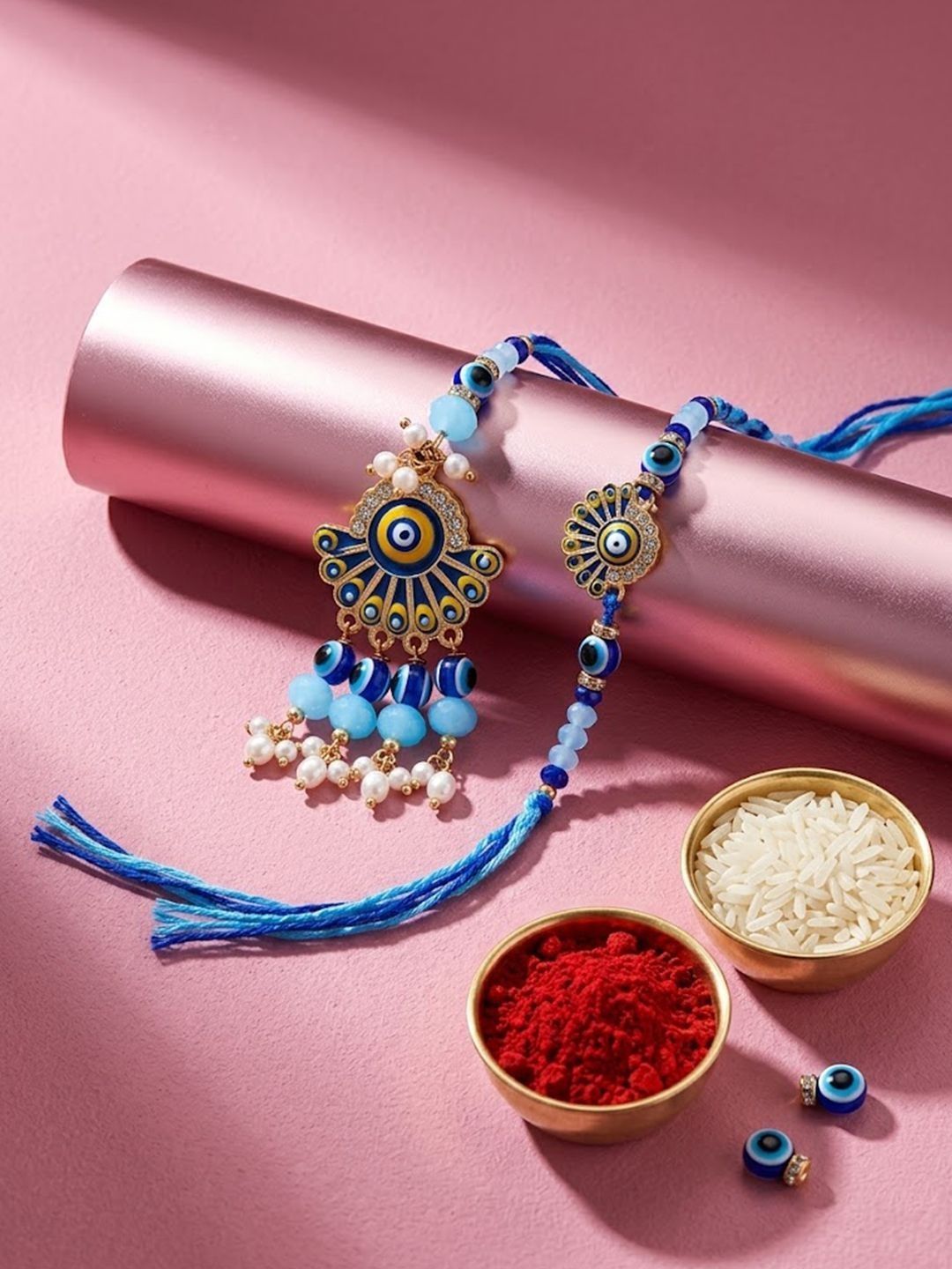 Dhiyona Set Of 2 Blue Evil Eye Artificial Beads Bhaiya Bhabhi Rakhi With Roli Chawal