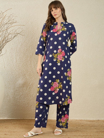Dhiyona IE Printed Mandarin Collar Three-Quarter Sleeves Pure Cotton Tunic And Trousers
