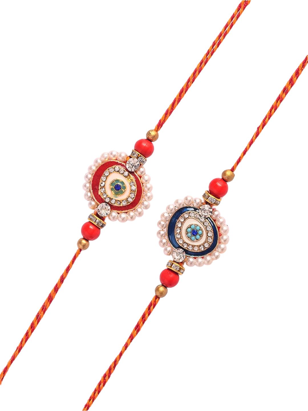 Dhiyona Set Of 2 White Pearl-Beaded Rakhi With Roli Rice & Greeting Card