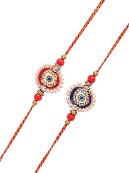 Dhiyona Set Of 2 White Pearl-Beaded Rakhi With Roli Rice & Greeting Card