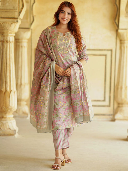 Dhiyona KL Floral Printed Mirror Work Pure Cotton Straight Kurta With Trousers & Dupatta