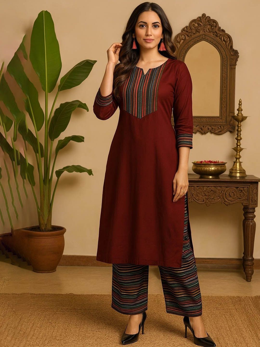 Dhiyona KL Women Regular Cotton Kurta with Trousers & Dupatta