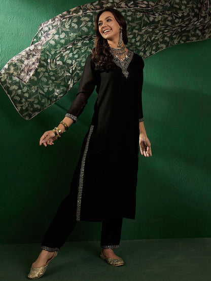Ethnic Motifs Yoke Design Sequinned V-Neck Straight Kurta With Trouser & Dupatta