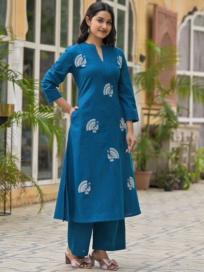 Dhiyona IE Embroidered Mandarin Collar Pure Cotton Tunic With Palazzo