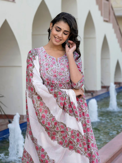 Dhiyona KL Women Floral Printed Regular Pure Cotton Kurta with Trousers & With Dupatta