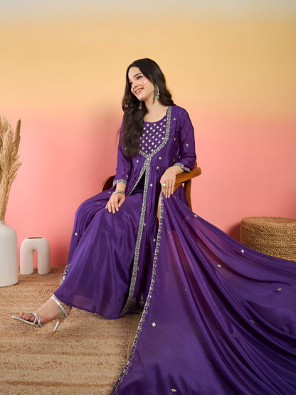 Dhiyona VA Floral Embroidered Thread Work Kurta With Palazzos & Dupatta