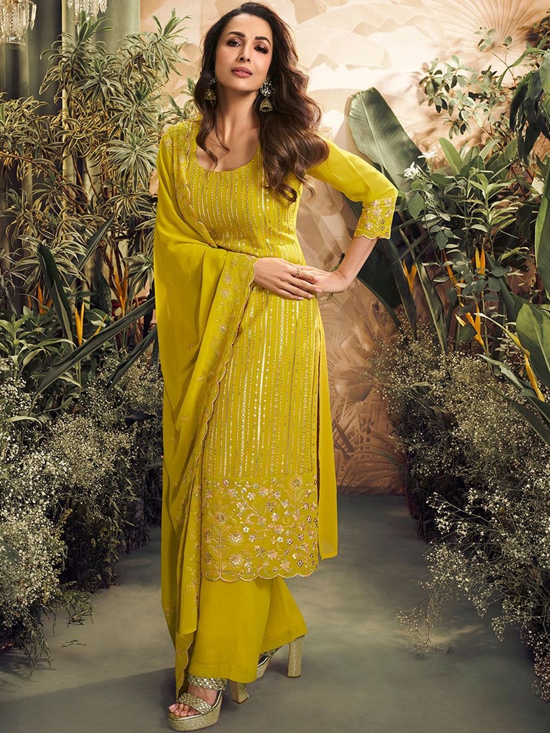 Dhiyona IN Women Ethnic Motifs Embroidered Regular Sequinned Kurta with Palazzos & With Dupatta