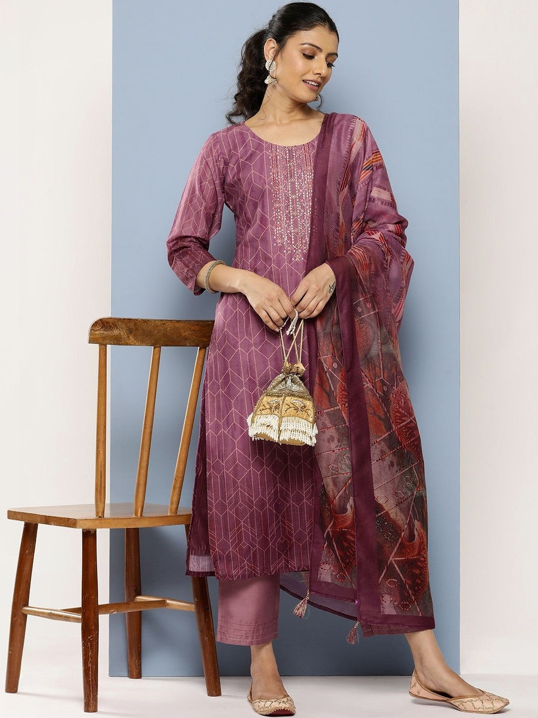 Women Printed Regular Thread Work Kurta with Trousers & With Dupatta