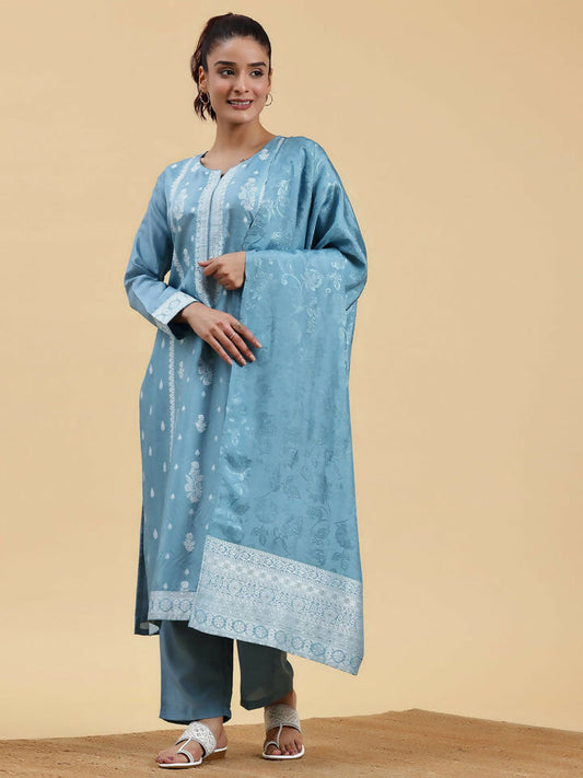 Women's LB Blue Woven Design Silk Blend Straight Suit With Dupatta