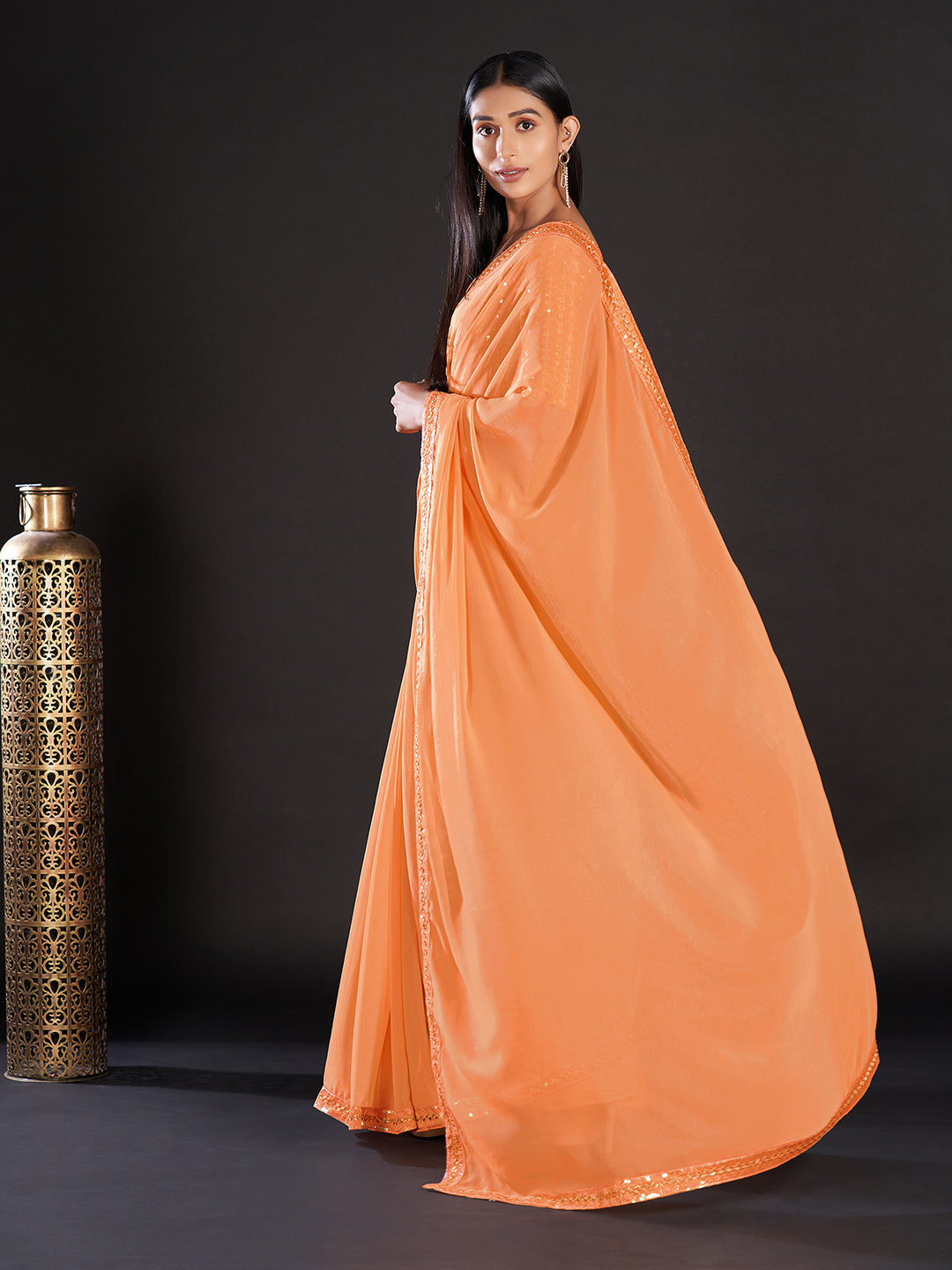 Women's Georgette Orange Embellished Designer Saree With Blouse Piece