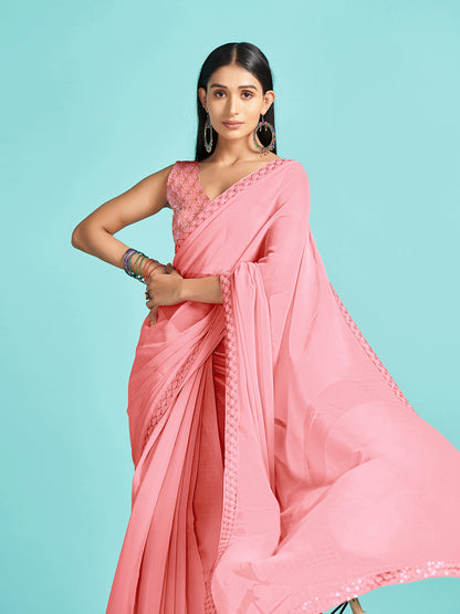Women's Chiffon Pink Embellished Designer Saree With Blouse Piece
