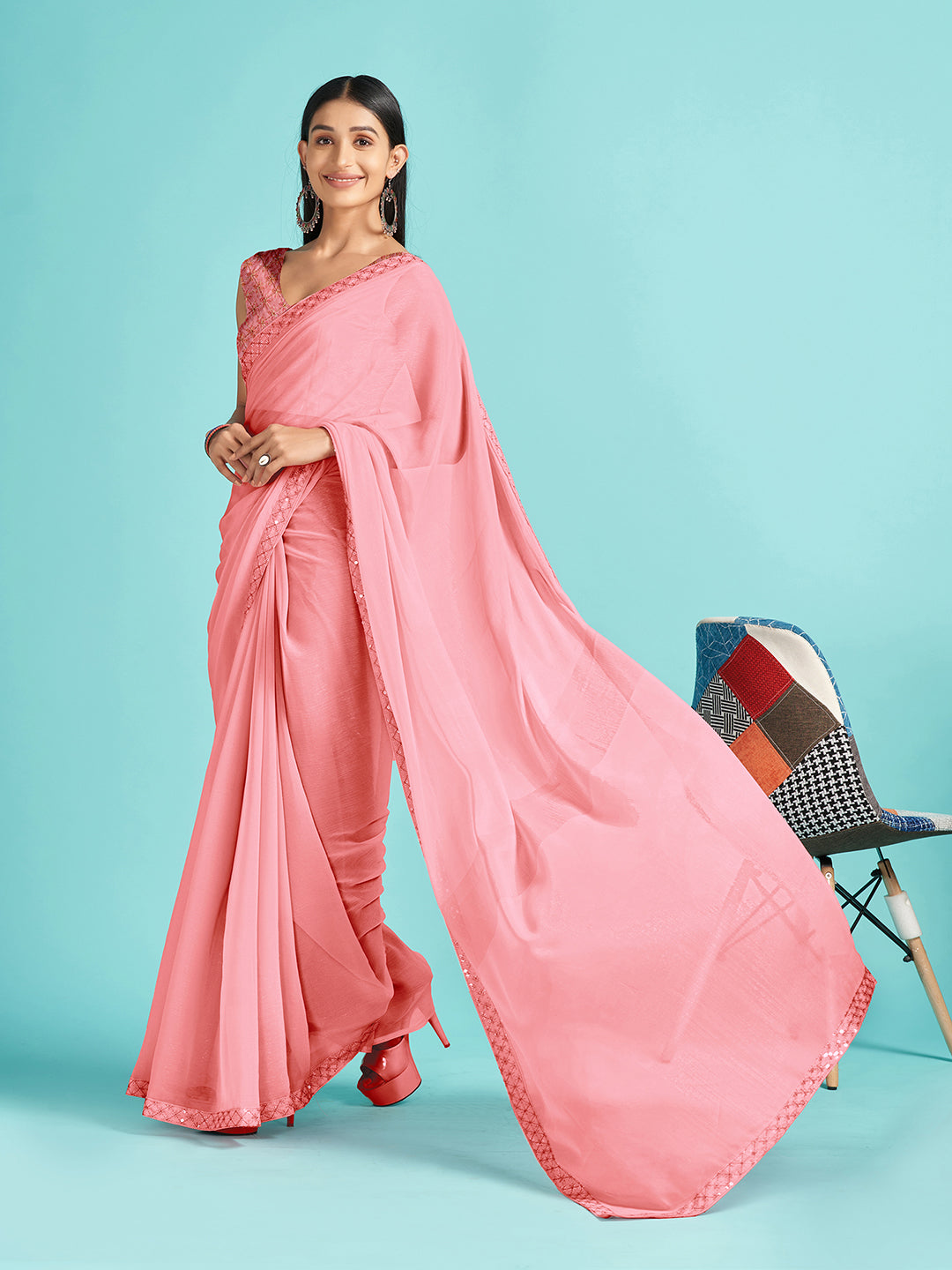Women's Chiffon Pink Embellished Designer Saree With Blouse Piece