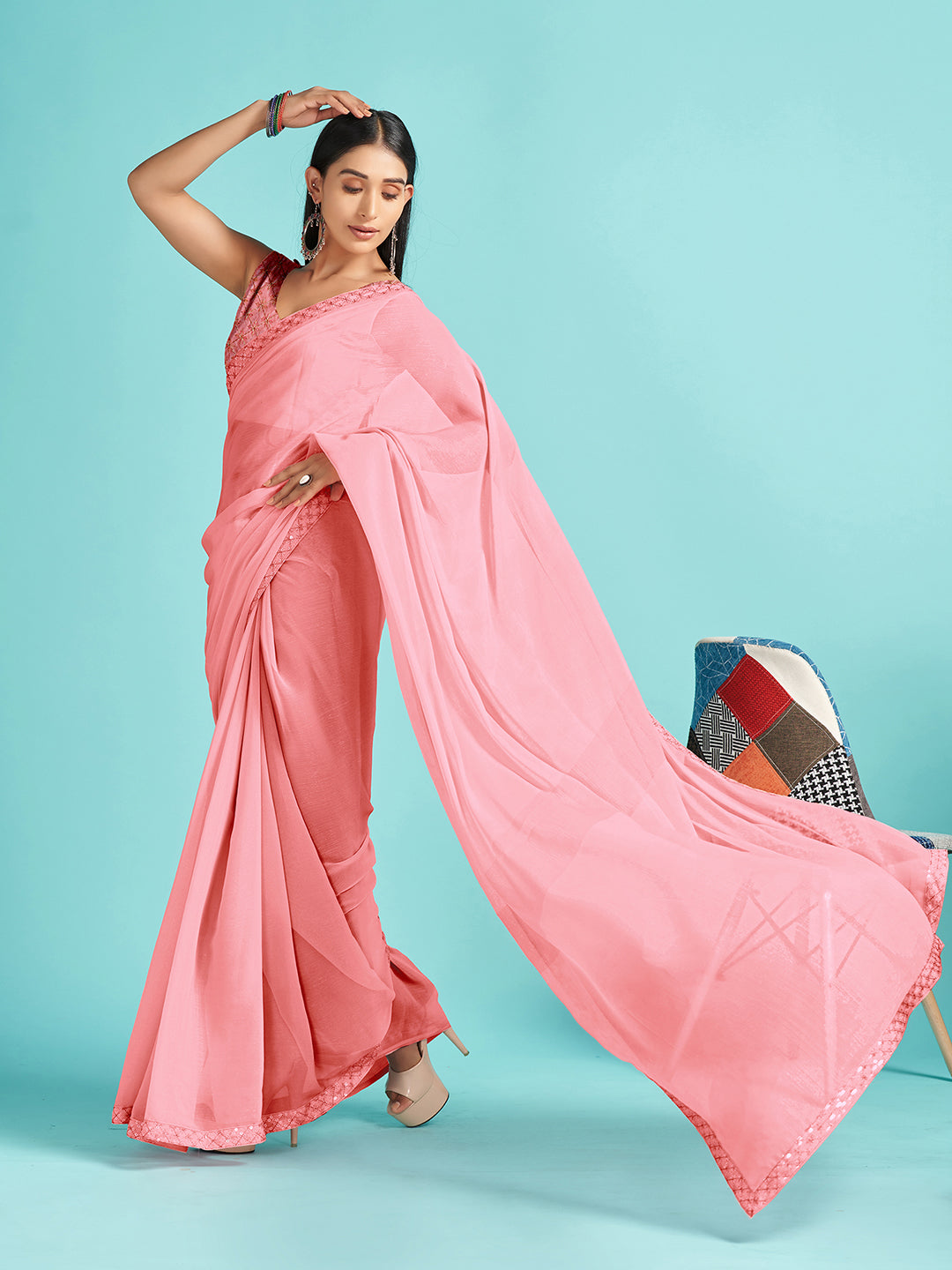 Women's Chiffon Pink Embellished Designer Saree With Blouse Piece