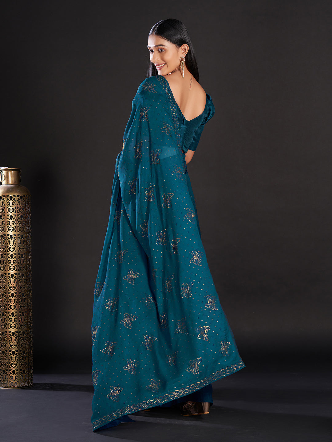 Women's Satin Teal blue Embellished Designer Saree With Blouse Piece