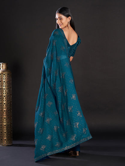 Women's Satin Teal blue Embellished Designer Saree With Blouse Piece