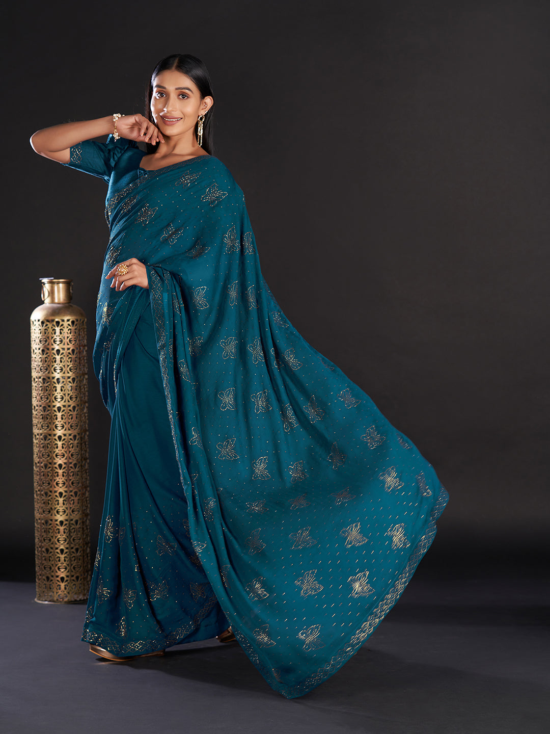 Women's Satin Teal blue Embellished Designer Saree With Blouse Piece