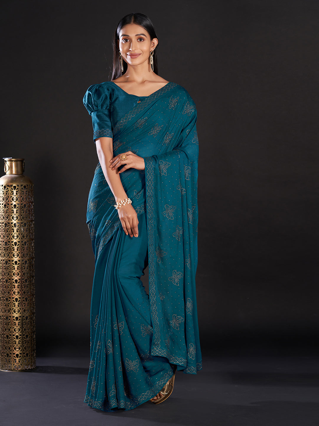 Women's Satin Teal blue Embellished Designer Saree With Blouse Piece