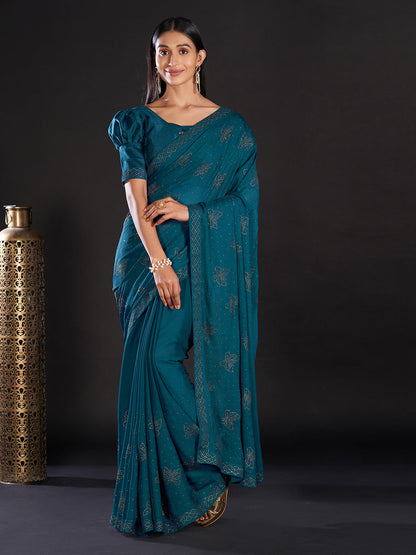 Women's Satin Teal blue Embellished Designer Saree With Blouse Piece