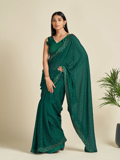 Women's Satin Green Embellished Designer Saree With Blouse Piece