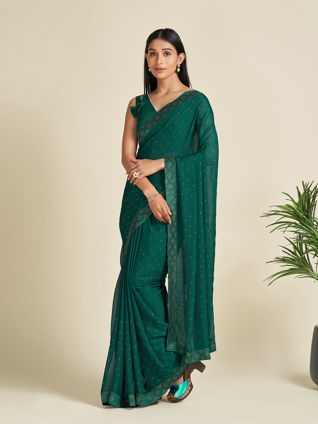 Women's Satin Green Embellished Designer Saree With Blouse Piece