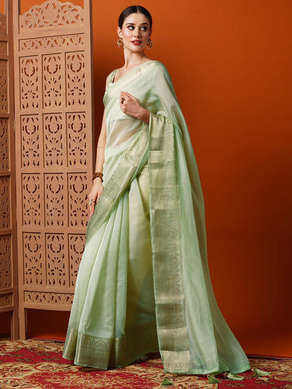 Women's Organza Light Green Woven Design Designer Saree With Blouse Piece