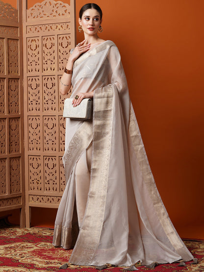 Women's Organza Grey Woven Design Designer Saree With Blouse Piece