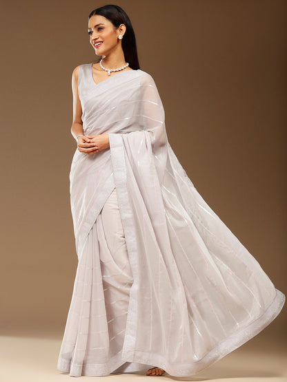 Women's Chiffon Grey Embellished Designer Saree With Blouse Piece