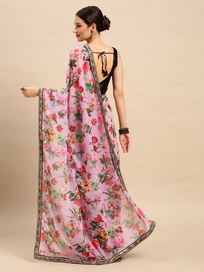 Women's Georgette Lavender Embellished Designer Saree With Blouse Piece