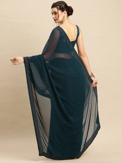 Women's Georgette Teal blue Embellished Designer Saree With Blouse Piece